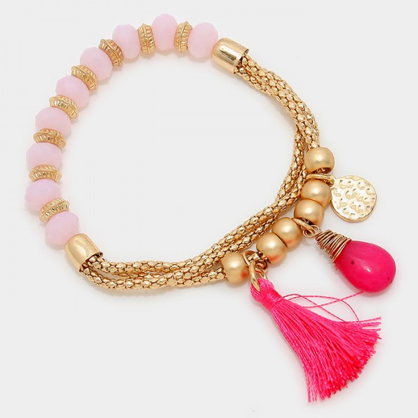 Rose Quartz Beads Hot Pink Tassel Bracelet